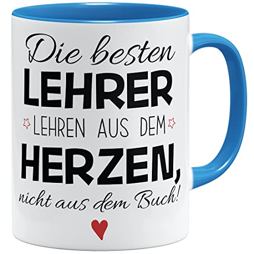 OM3® Lehrergeschenk Tasse mit Spruch - die besten Lehrer lehren aus dem Herzen | Keramik Becher | 11oz 325ml | Beidseitig Bedruckt | Hellblau von OM3