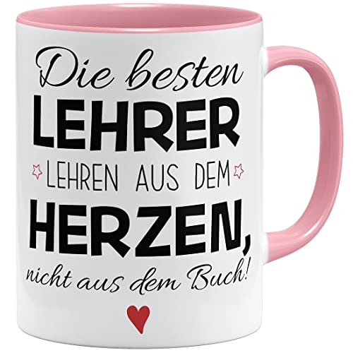 OM3® Lehrergeschenk Tasse mit Spruch - die besten Lehrer lehren aus dem Herzen | Keramik Becher | 11oz 325ml | Beidseitig Bedruckt | Rosa von OM3