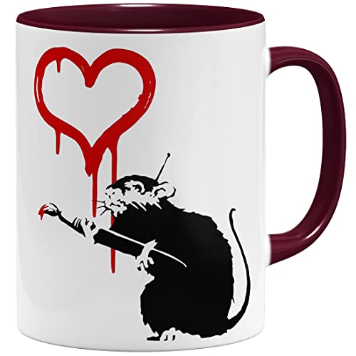 OM3® Love Heart Rat Banksy Tasse | Keramik Becher | 11oz 325ml | Beidseitig Bedruckt | Bordeaux von OM3