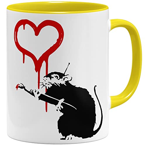 OM3® Love Heart Rat Banksy Tasse | Keramik Becher | 11oz 325ml | Beidseitig Bedruckt | Gelb von OM3