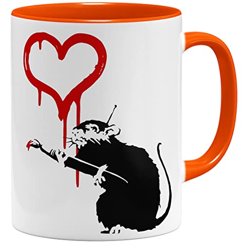 OM3® Love Heart Rat Banksy Tasse | Keramik Becher | 11oz 325ml | Beidseitig Bedruckt | Orange von OM3