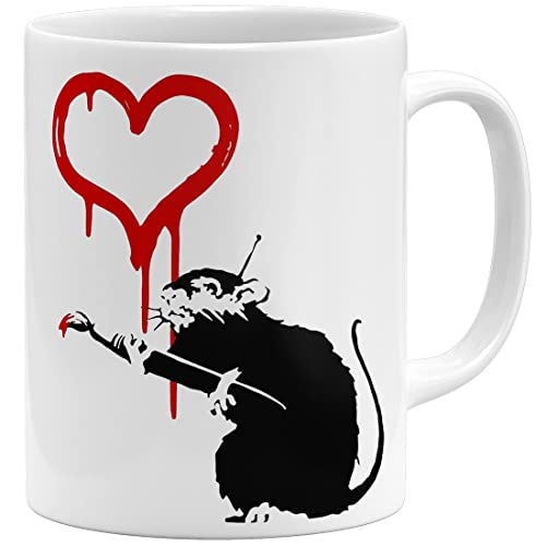 OM3® Love Heart Rat Banksy Tasse | Keramik Becher | 11oz 325ml | Beidseitig Bedruckt | Weiss von OM3