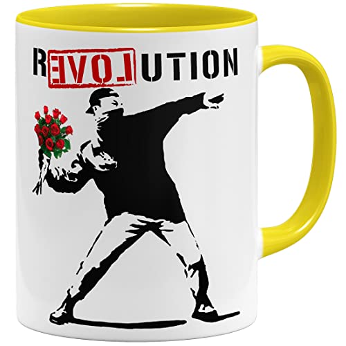 OM3® Love Revolution Banksy Kaffee-Tasse Statement | Keramik Becher | 11oz 325ml | Beidseitig Bedruckt | Gelb von OM3