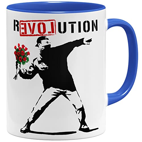 OM3® Love Revolution Banksy Tasse Statement | Keramik Becher | 11oz 325ml | Beidseitig Bedruckt | Royalblau von OM3