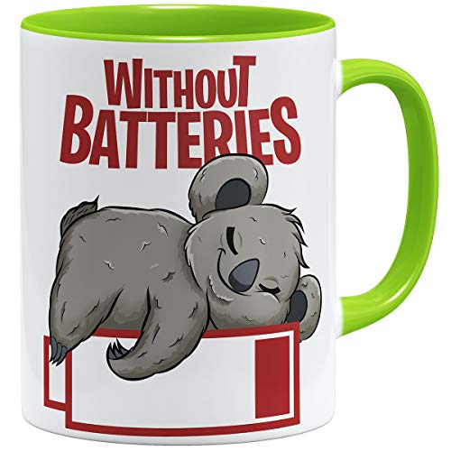 OM3® Low-Battery-Lazy-Koala Bär Tasse mit Spruch | Keramik Becher | 11oz 325ml | Beidseitig Bedruckt | Hellgrün von OM3