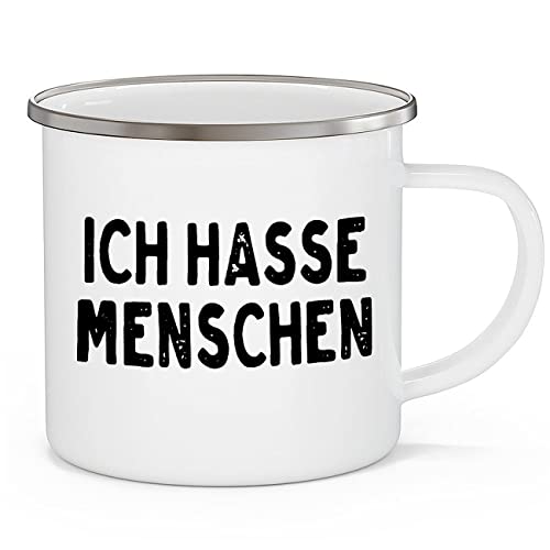 OM3® Lustige Emaille-Tasse mit Spruch - Ich Hasse Menschen | Emailletasse Emaille Becher | 12oz 300ml | Beidseitig Bedruckt | Weiß-Metall von OM3