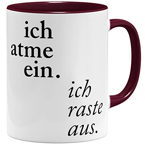 OM3® Lustige Tasse mit Spruch - Ich atme ein -> ich raste aus | Keramik Becher | 11oz 325ml | Beidseitig Bedruckt | Bordeaux von OM3