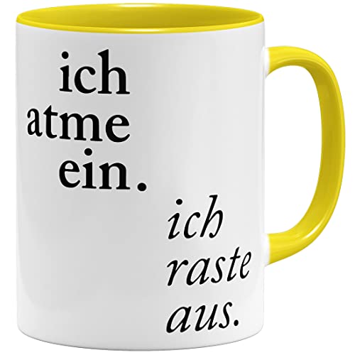 OM3® Lustige Tasse mit Spruch - Ich atme EIN -> ich raste aus | Keramik Becher | 11oz 325ml | Beidseitig Bedruckt | Gelb von OM3