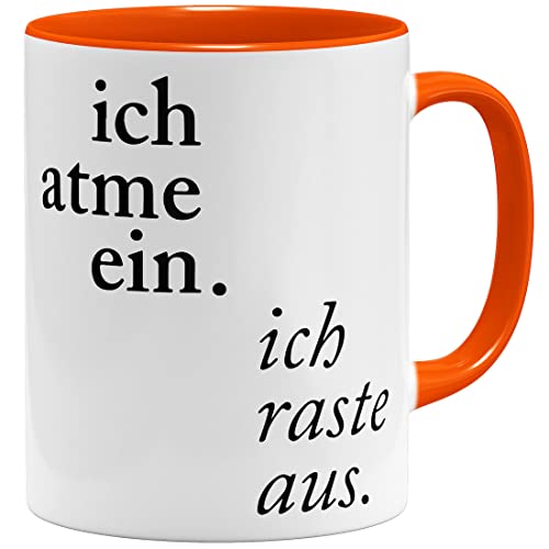 OM3® Lustige Tasse mit Spruch - Ich atme EIN -> ich raste aus | Keramik Becher | 11oz 325ml | Beidseitig Bedruckt | Orange von OM3