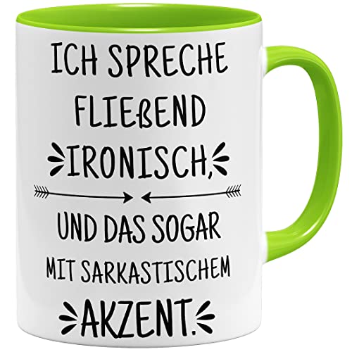 OM3® Lustige Tasse mit Spruch - ich spreche fließend ironisch und das sogar mit sarkastischem akzent | Keramik Becher | 11oz 325ml | Beidseitig Bedruckt | Hellgrün von OM3