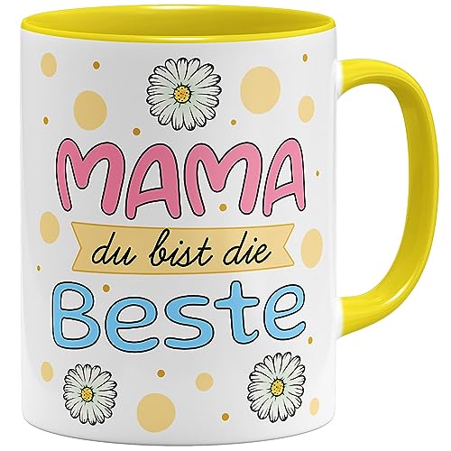 OM3® Mama du bist die Beste Kaffee-Tasse mit Spruch - Dankeschön Geschenk Muttertag - Keramik Becher - 11oz 325ml - Beidseitig Bedruckt - Gelb von OM3