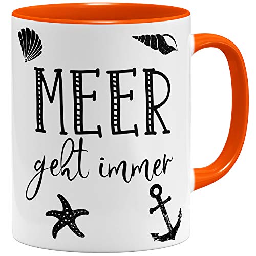 OM3® Meer geht Immer Kaffee-Tasse | Keramik Becher | 11oz 325ml | Beidseitig Bedruckt | Orange von OM3