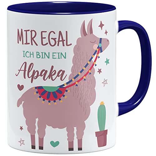 OM3® Mir egal ich bin ein Alpaka Tasse mit Spruch Motiv Lama | Keramik Becher | 11oz 325ml | Beidseitig Bedruckt | Dunkelblau von OM3
