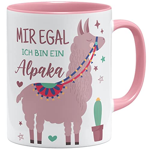 OM3® Mir egal ich bin ein Alpaka Tasse mit Spruch Motiv Lama | Keramik Becher | 11oz 325ml | Beidseitig Bedruckt | Rosa von OM3