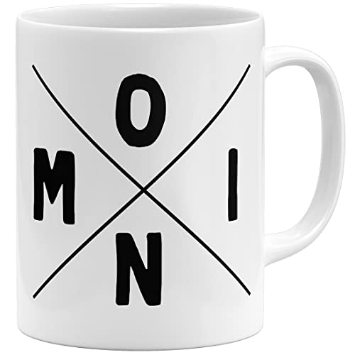 OM3® Moin Kaffee-Tasse FrühstücksKaffee-Tasse Guten Morgen Nordisch Norddeutsch | Keramik Becher | 11oz 325ml | Beidseitig Bedruckt | Weiss von OM3