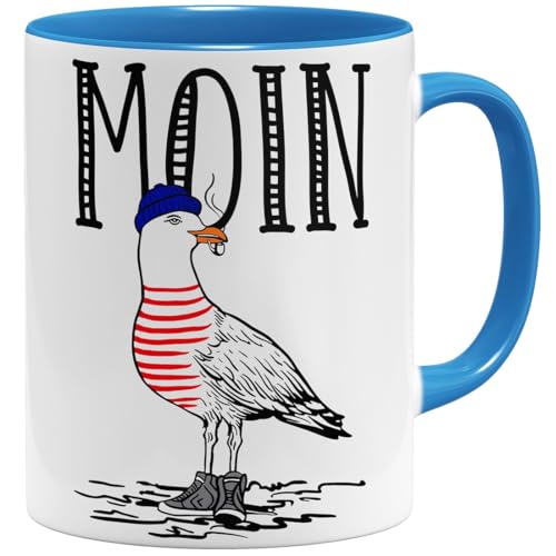 OM3® Seemöwe Moin Kaffee-Tasse mit Spruch - Guten Morgen Möwe II | Keramik Becher | 11oz 325ml | Beidseitig Bedruckt | Hellblau von OM3