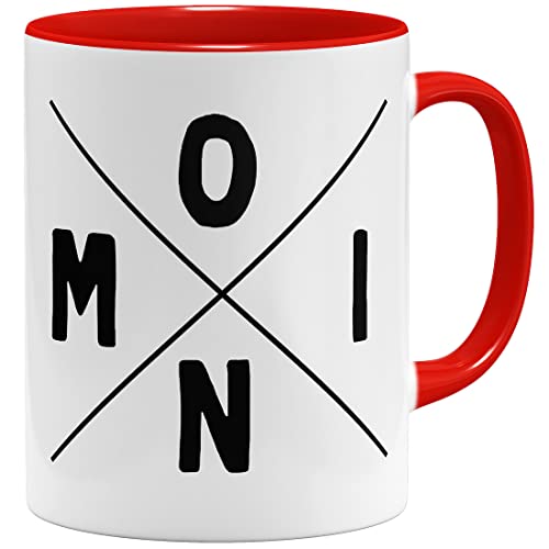 OM3® Moin Tasse Frühstückstasse Guten Morgen Nordisch Norddeutsch | Keramik Becher | 11oz 325ml | Beidseitig Bedruckt | Rot von OM3