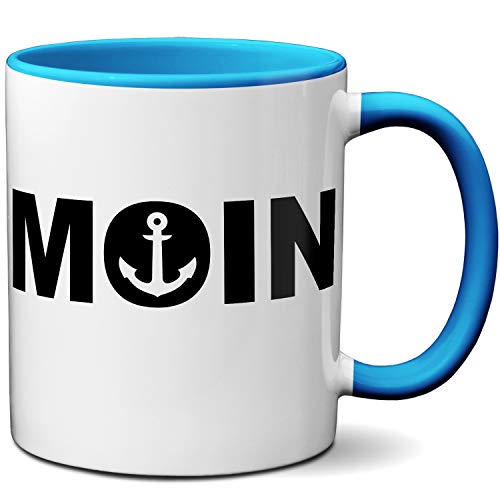 OM3® - Moin mit Anker - Tasse Küste Norddeutsch Meer | Keramik Becher | 11oz 325ml | Beidseitig Bedruckt | Hellblau von OM3