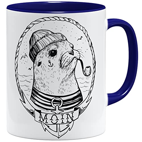OM3® Moin mit Seehund Tasse Nautical Seal Robbe | Keramik Becher | 11oz 325ml | Beidseitig Bedruckt | Dunkelblau von OM3