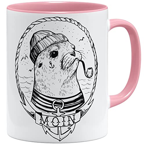 OM3® Moin mit Seehund Tasse Nautical Seal Robbe | Keramik Becher | 11oz 325ml | Beidseitig Bedruckt | Rosa von OM3