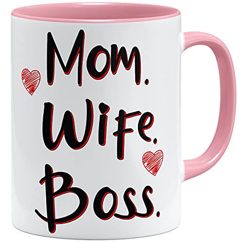 OM3® Mom Wife Boss Tasse mit Spruch III | Keramik Becher | 11oz 325ml | Beidseitig Bedruckt | Rosa von OM3