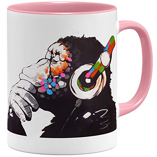 OM3® Monkey Ape Affee Music Banksy Tasse | Keramik Becher | 11oz 325ml | Beidseitig Bedruckt | Rosa von OM3