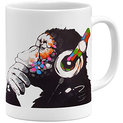 OM3® Monkey Ape Affee Music Banksy Tasse | Keramik Becher | 11oz 325ml | Beidseitig Bedruckt | Weiss von OM3