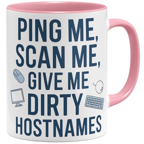 OM3® Network Host Admin Kaffee-Tasse mit Spruch - für Informatiker Computer Nerd IT - Ping me scan me give me Dirty hostnames II | Keramik Becher | 325ml | Beidseitig Bedruckt | Rosa von OM3
