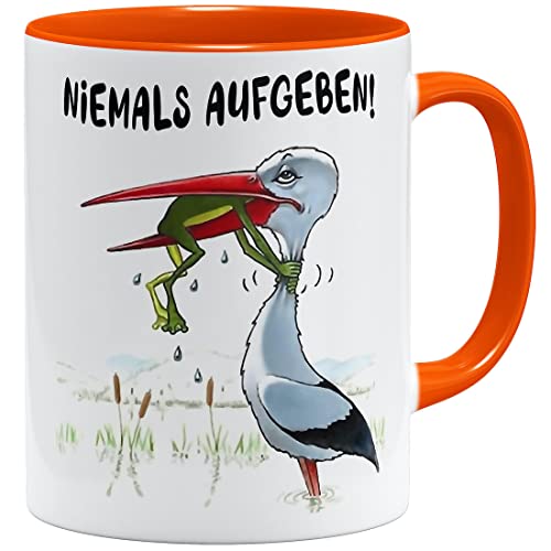 OM3® Niemals aufgeben! Motivations Tasse mit Spruch | Keramik Becher | 11oz 325ml | Beidseitig Bedruckt | Orange von OM3