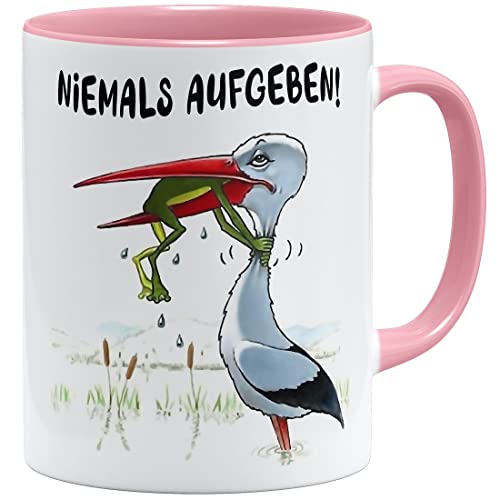 OM3® Niemals aufgeben! Motivations Tasse mit Spruch | Keramik Becher | 11oz 325ml | Beidseitig Bedruckt | Rosa von OM3