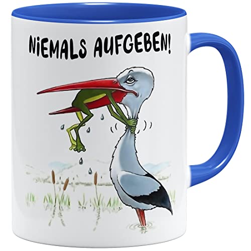 OM3® Niemals aufgeben! Motivations Tasse mit Spruch | Keramik Becher | 11oz 325ml | Beidseitig Bedruckt | Royalblau von OM3