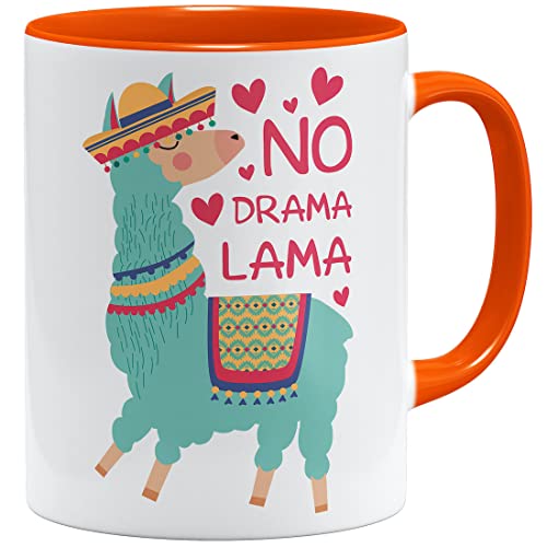 OM3® No Drama Lama Tasse mit Spruch Motiv Alpaka | Keramik Becher | 11oz 325ml | Beidseitig Bedruckt | Orange von OM3