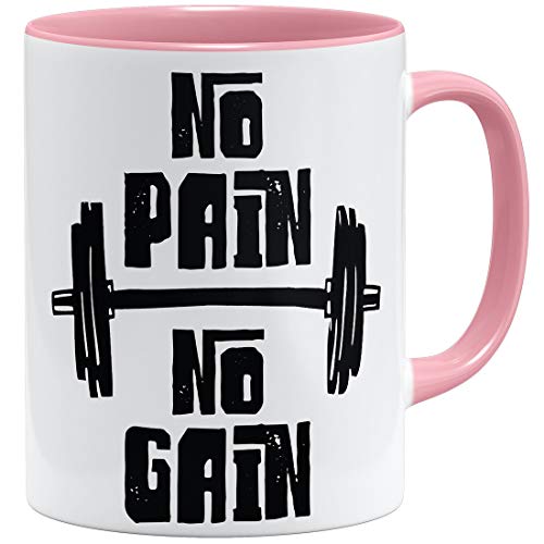 OM3® No Pain No Gain Fitness Tasse mit Spruch | Keramik Becher | 11oz 325ml | Beidseitig Bedruckt | Rosa von OM3