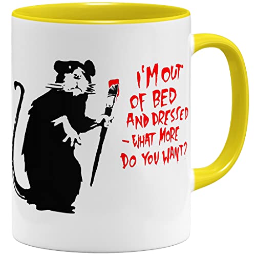 OM3® Out of Bed Rat Banksy Tasse | Keramik Becher | 11oz 325ml | Beidseitig Bedruckt | Gelb von OM3