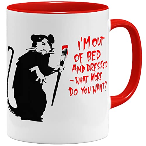 OM3® Out of Bed Rat Banksy Tasse - Keramik Becher - 11oz 325ml - Beidseitig Bedruckt - Rot von OM3