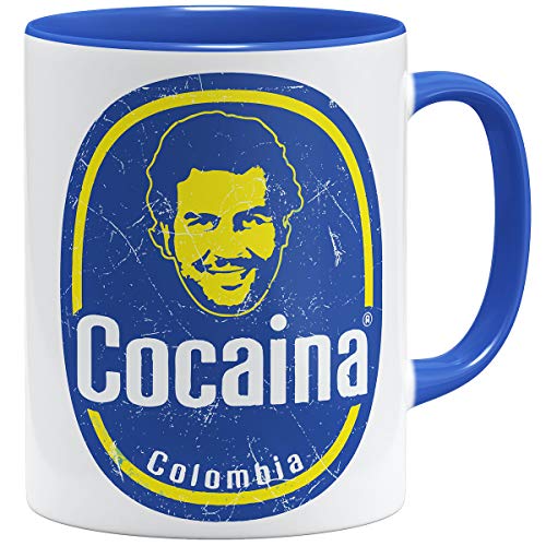 OM3® Pablo-Cocaina Tasse | Keramik Becher | 11oz 325ml | Bananas De Colombia Kokain Fun Parody | Royalblau von OM3