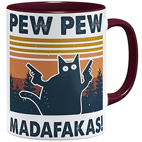 OM3® Pew Pew Madafakas Tasse mit Spruch Statement II | Keramik Becher | 11oz 325ml | Beidseitig Bedruckt | Bordeaux von OM3