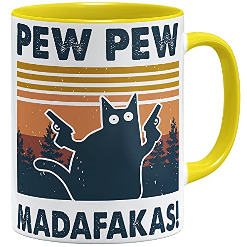 OM3® Pew Pew Madafakas Tasse mit Spruch Statement II | Keramik Becher | 11oz 325ml | Beidseitig Bedruckt | Gelb von OM3