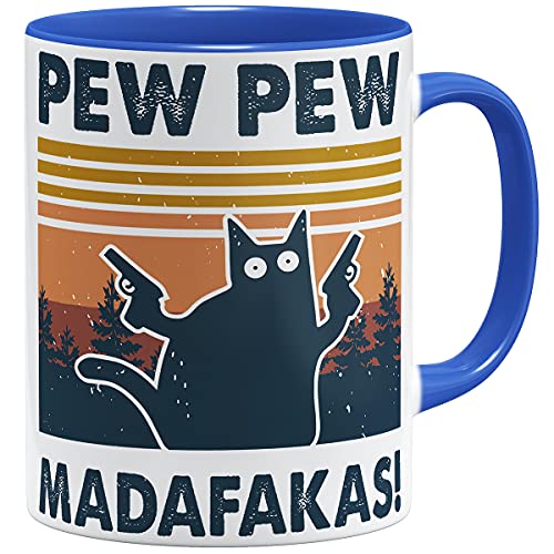 OM3® Pew Pew Madafakas Tasse mit Spruch Statement II | Keramik Becher | 11oz 325ml | Beidseitig Bedruckt | Royalblau von OM3