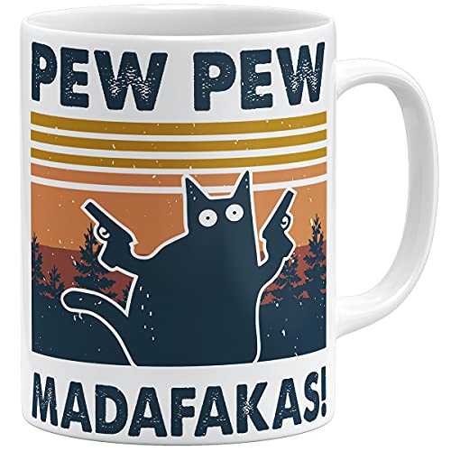 OM3® Pew Pew Madafakas Tasse mit Spruch Statement II | Keramik Becher | 11oz 325ml | Beidseitig Bedruckt | Weiss von OM3