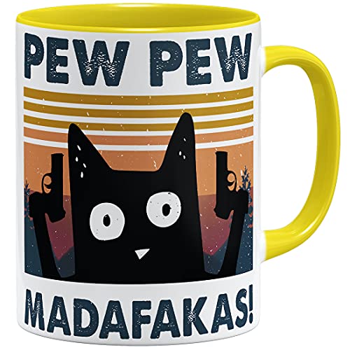 OM3® Pew Pew Madafakas Tasse mit Spruch Statement III Crazy Cat | Keramik Becher | 11oz 325ml | Beidseitig Bedruckt | Gelb von OM3