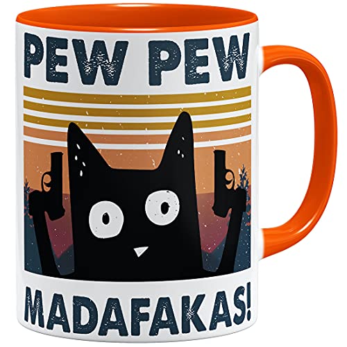 OM3® Pew Pew Madafakas Tasse mit Spruch Statement III Crazy Cat | Keramik Becher | 11oz 325ml | Beidseitig Bedruckt | Orange von OM3