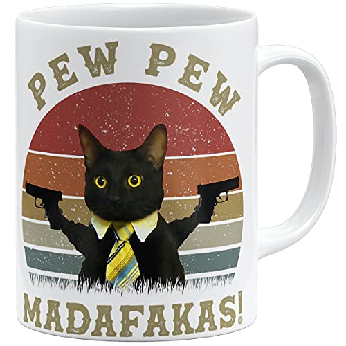 OM3® Pew Pew Madafakas Tasse mit Spruch - Statement - Katze | Keramik Becher | 11oz 325ml | Beidseitig Bedruckt | Weiss von OM3