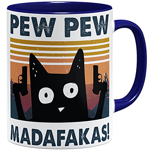 OM3® Pew Pew Madafakas Tasse mit Spruch Statement III crazy Cat | Keramik Becher | 11oz 325ml | Beidseitig Bedruckt | Dunkelblau von OM3