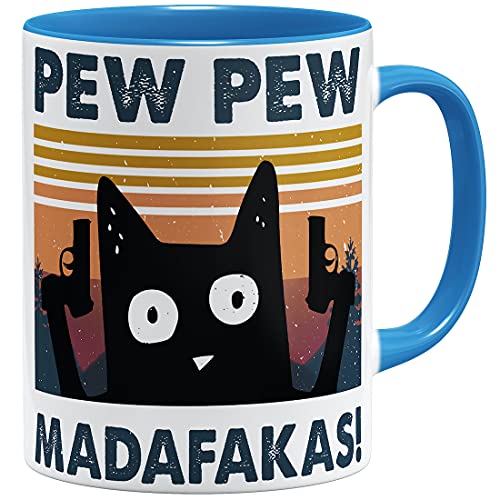 OM3® Pew Pew Madafakas Tasse mit Spruch Statement III Crazy Cat | Keramik Becher | 11oz 325ml | Beidseitig Bedruckt | Hellblau von OM3