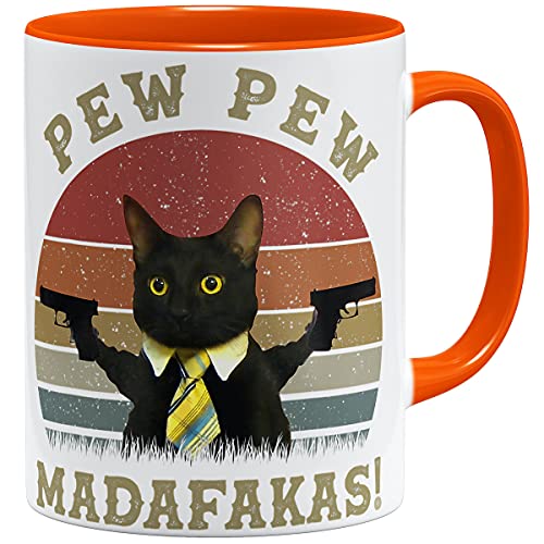 OM3® Pew Pew Madafakas Tasse mit Spruch - Statement - Katze | Keramik Becher | 11oz 325ml | Beidseitig Bedruckt | Orange von OM3