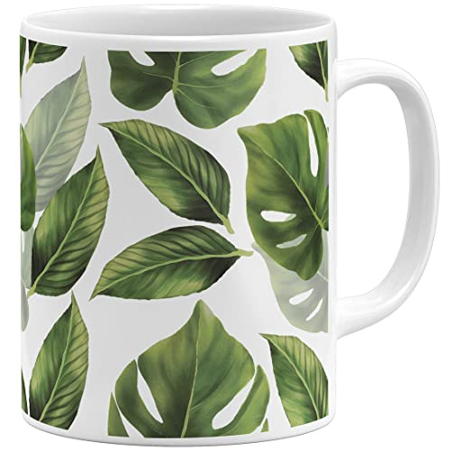 OM3® Pflanze Monstera Kaffee-Tasse mit Pflanzenmotiv Tasse Leaf Blätter| Keramik Becher | 11oz 325ml | Rundumdruck | Weiss von OM3