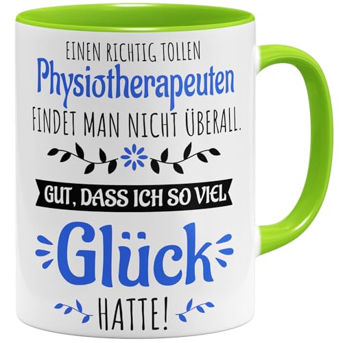 OM3® Physiotherapeut Kaffee-Tasse mit Spruch/Dankeschön - Geschenk - Physio Praxis Krankengymnastik | Keramik Becher | 325ml | Beidseitig Bedruckt | Hellgrün von OM3