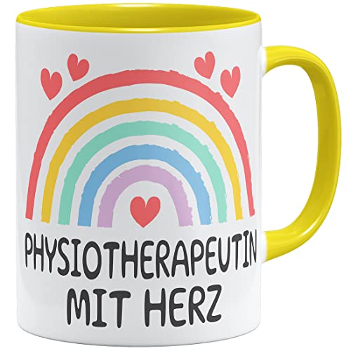 OM3® Physiotherapeutin mit Herz Tasse Geschenkidee | Keramik Becher | 11oz 325ml | Beidseitig Bedruckt | Gelb von OM3