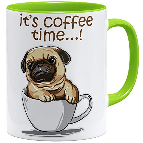 OM3® Pug It's Coffee Time Mops Tasse mit Hundemotiv | Keramik Becher | 11oz 325ml | Beidseitig Bedruckt | Hellgrün von OM3